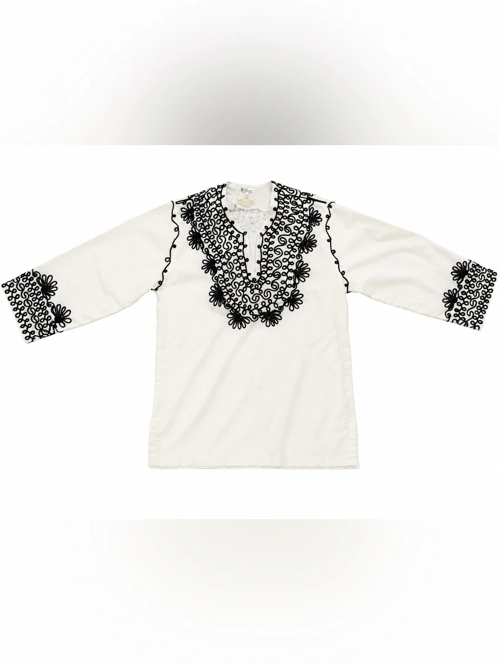 Vintage Boho Embroidered Tunic Top White Black Cotton Size 34 / XS